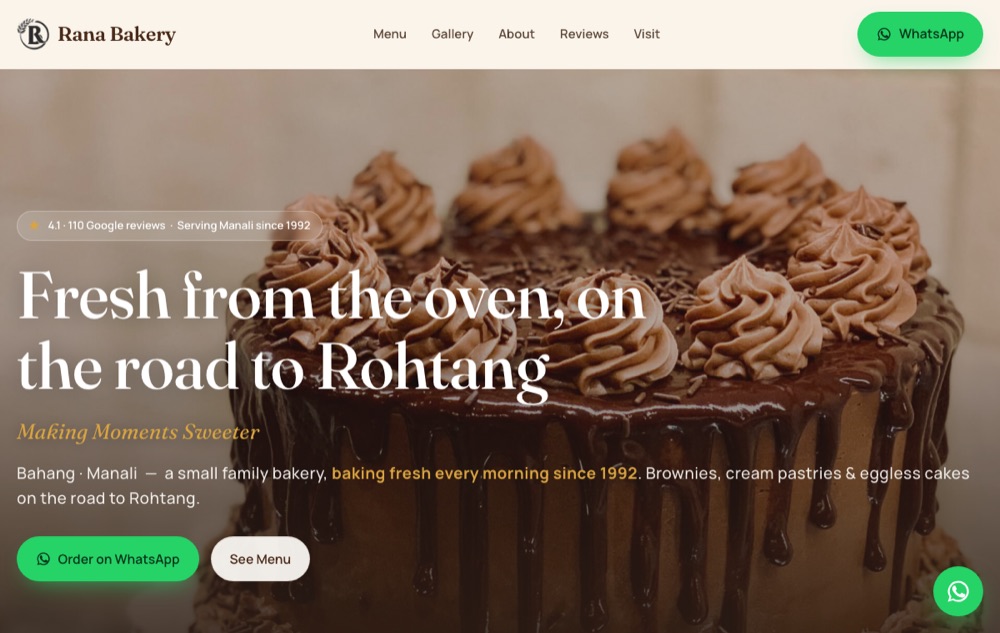 Rana Bakery website homepage with chocolate cake hero and WhatsApp ordering