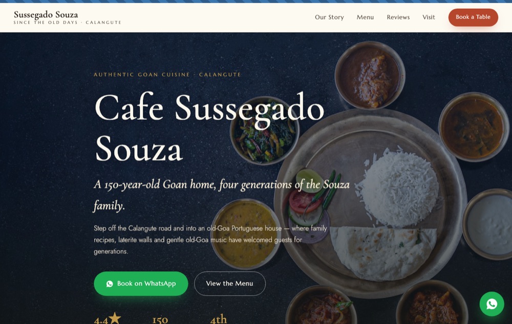 Cafe Sussegado Souza website homepage with Goan thali hero and WhatsApp table booking