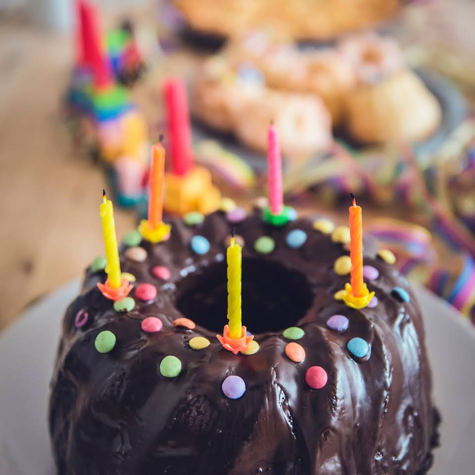 Chocolate birthday cake with candles